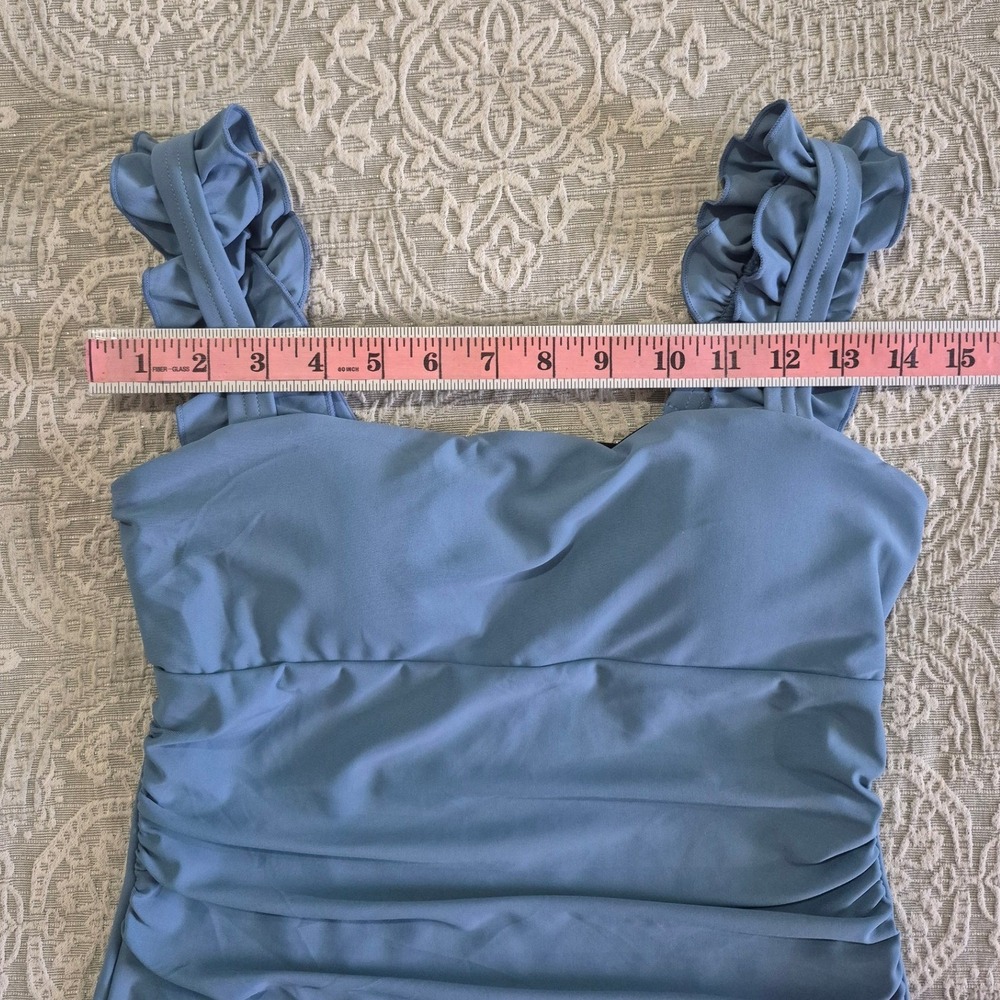 AIMAGE Blue Ruched One Piece Swimsuit Ruffle Strap Tummy Control Size Small - Picture 4 of 8